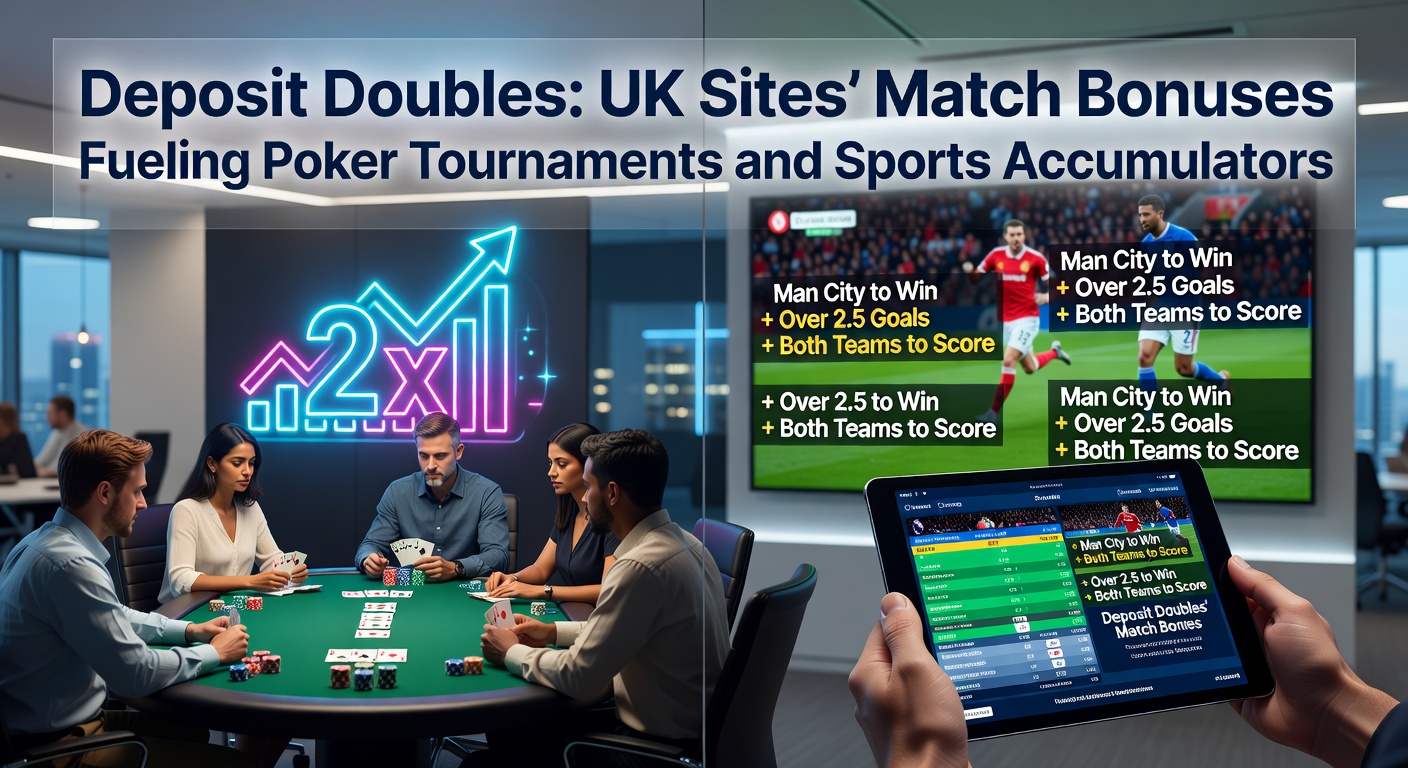 Screenshot of a UK betting app displaying a 100% deposit match offer alongside poker tournament lobby and sports accumulator builder, with March 2026 promotions highlighted