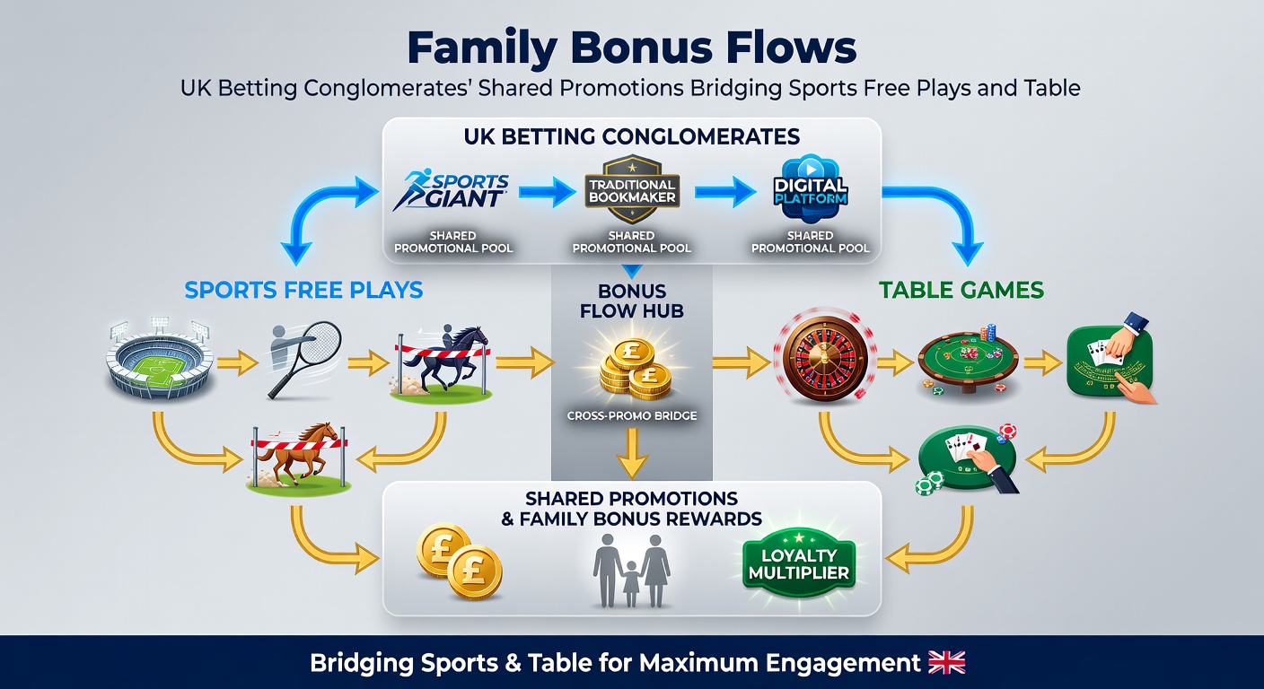 Diagram illustrating bonus conversion pathways from sports free plays to table game tokens in UK betting conglomerates
