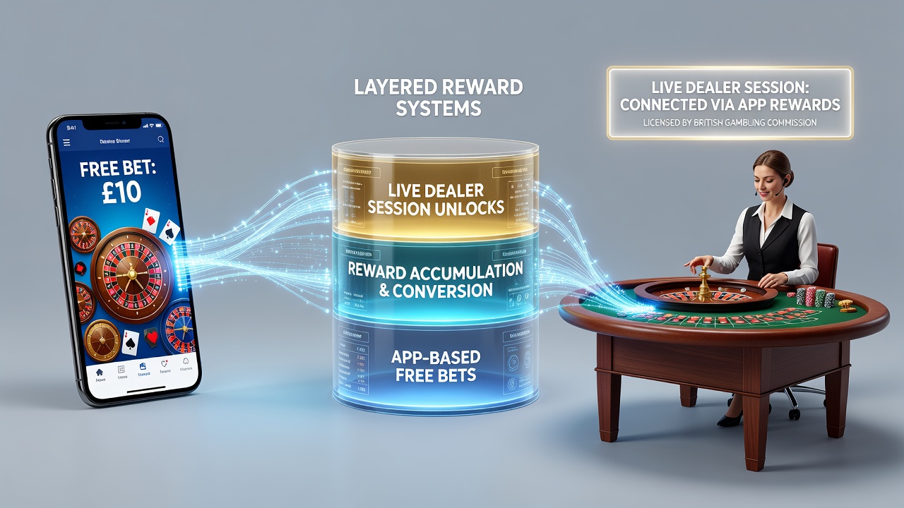 Screenshot example of a UK betting app showing progression from free bets to live dealer rewards