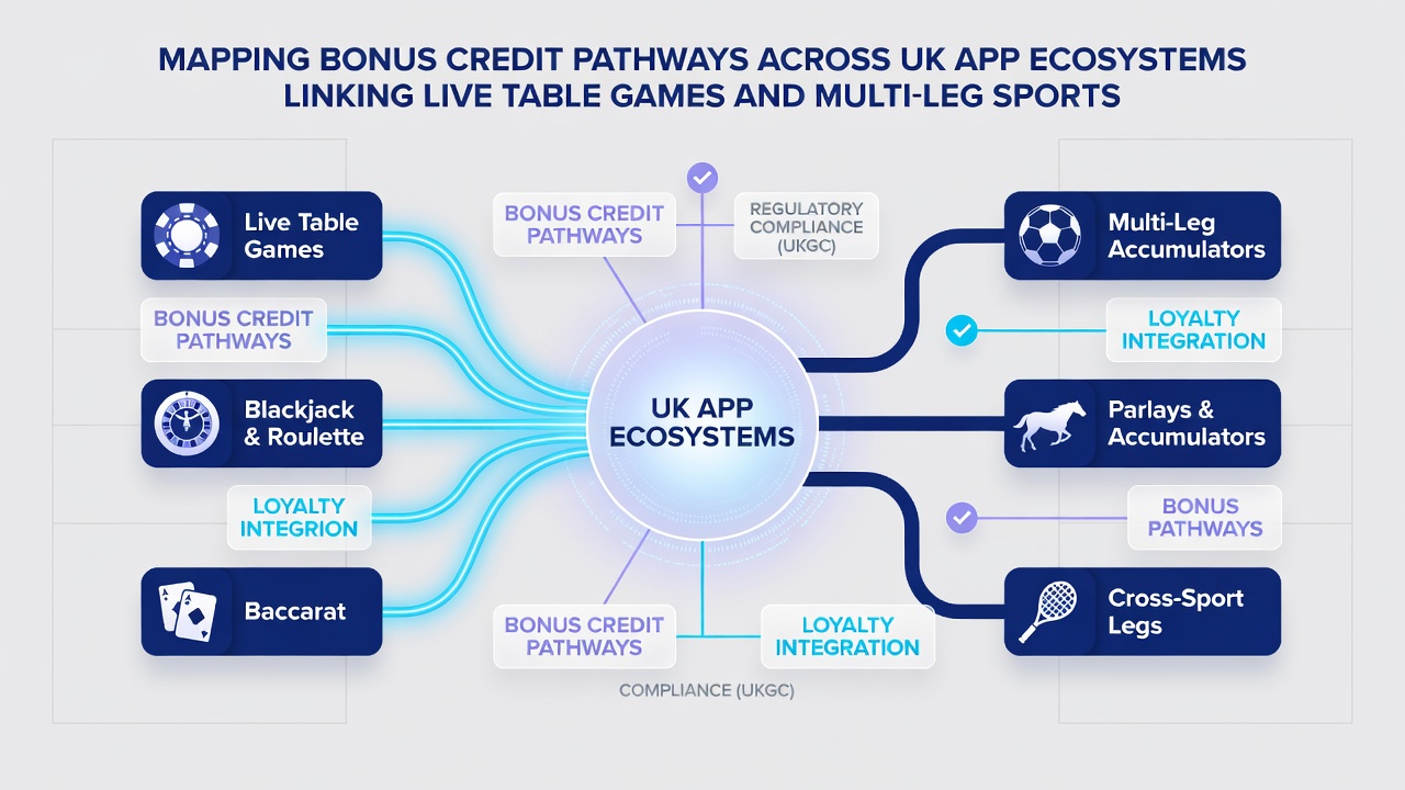 Diagram illustrating bonus credit flow between live dealer tables and multi-leg sports bets in UK apps