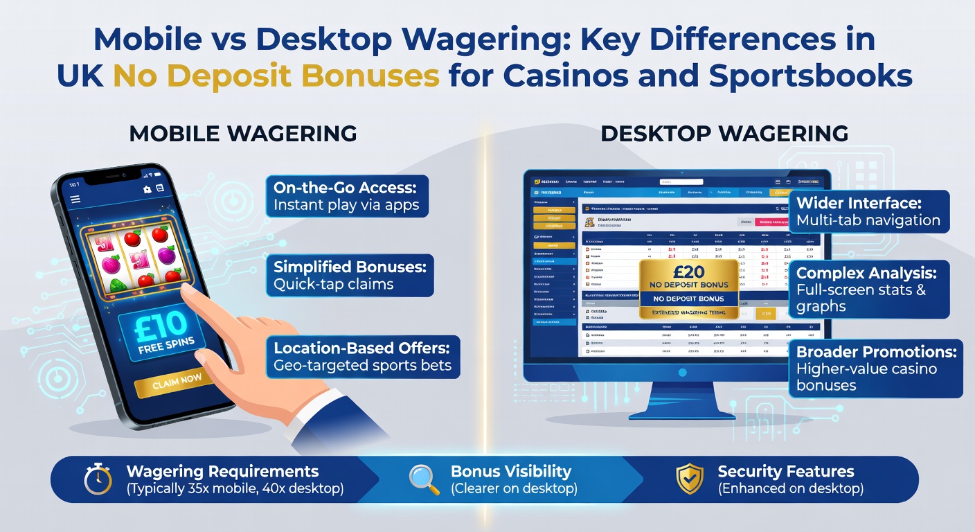 Infographic comparing mobile app free bet claims versus desktop sportsbook dashboards, with wagering progress bars