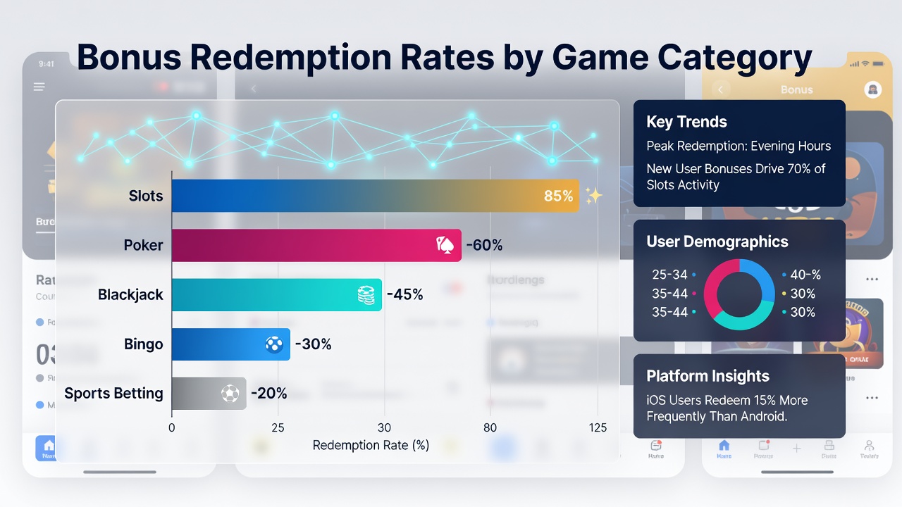 Analytics dashboard displaying redemption rate trends for mobile gambling categories including slots, sports, and live dealer games