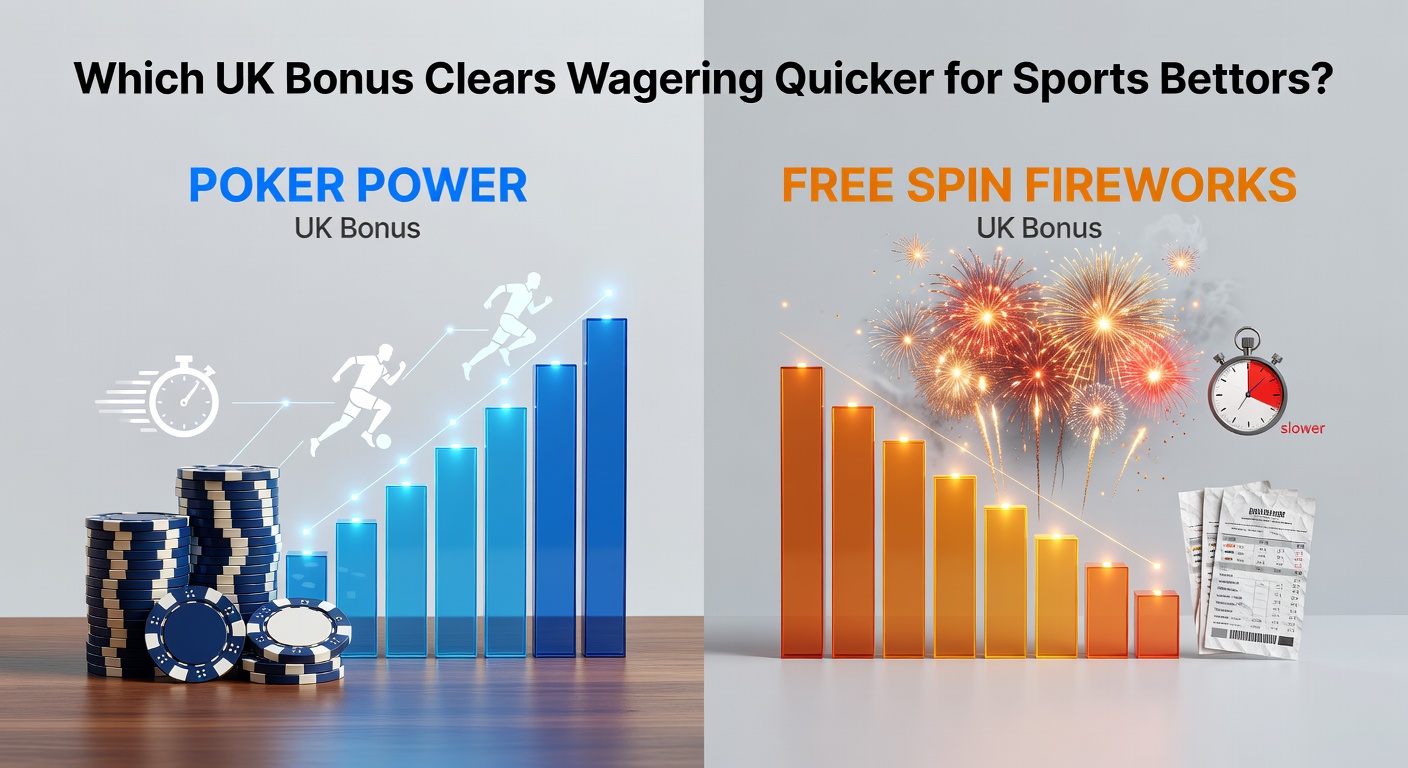 Side-by-side charts showing wagering clearance timelines for poker power versus free spin fireworks bonuses, with sports betting icons overlayed