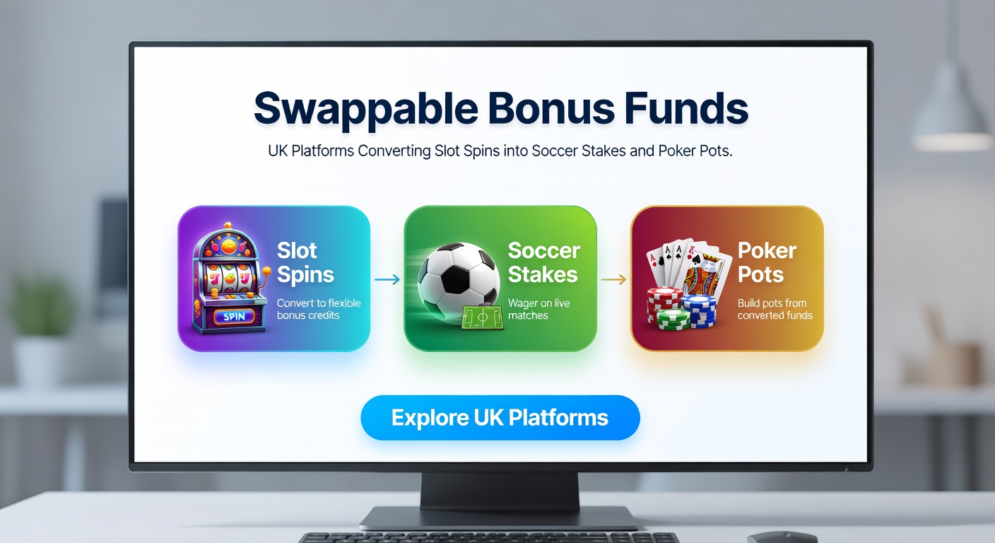 Screenshot of a UK betting app showing bonus swap menu with slot spins converting to soccer bet slips and poker table entries