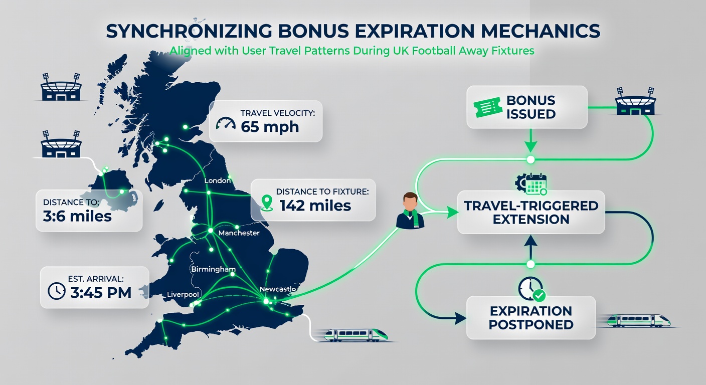 Infographic illustrating data flows between mobile devices, transport networks, and bonus expiration systems during UK football away matches