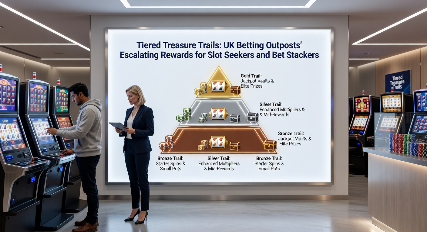 Visual of a bet stacker navigating an accumulator ladder with icons for free bet insurance, odds boosts, and escalating cash rewards in tiered UK betting programs