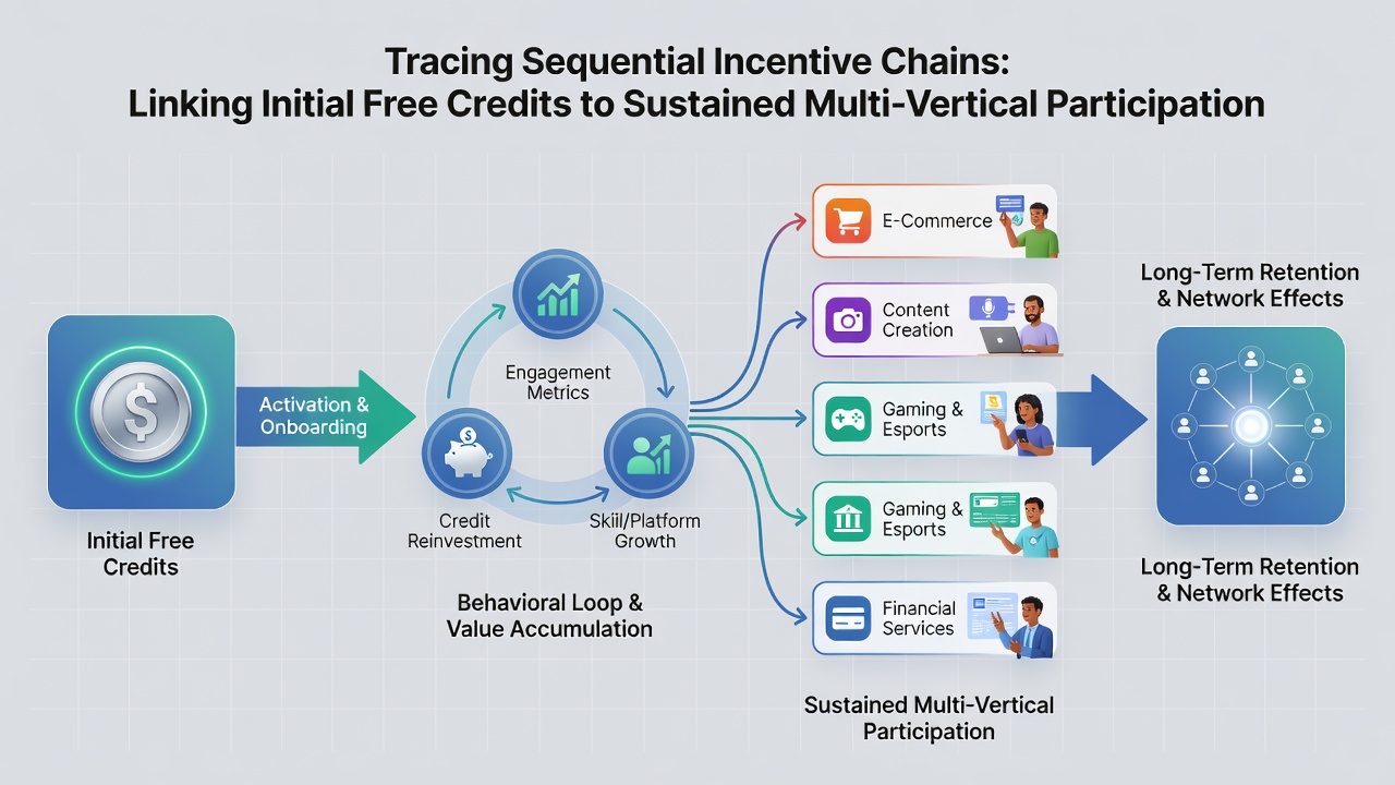 Illustration of user journey across sportsbook, casino, and poker sections enabled by linked bonus credits on a UK mobile platform