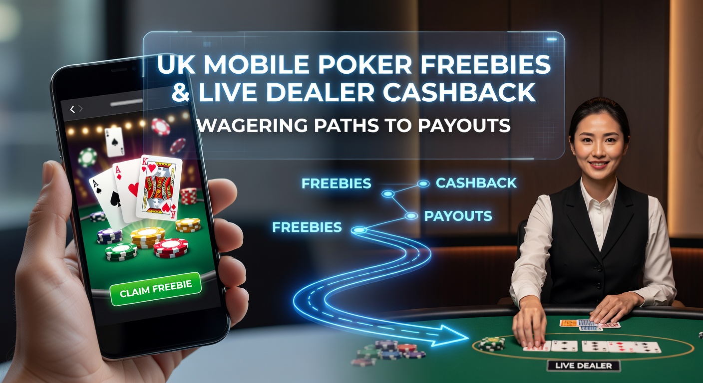 Live dealer roulette wheel spinning on a mobile screen alongside poker chip stacks and cashback percentage icons, illustrating wagering progression