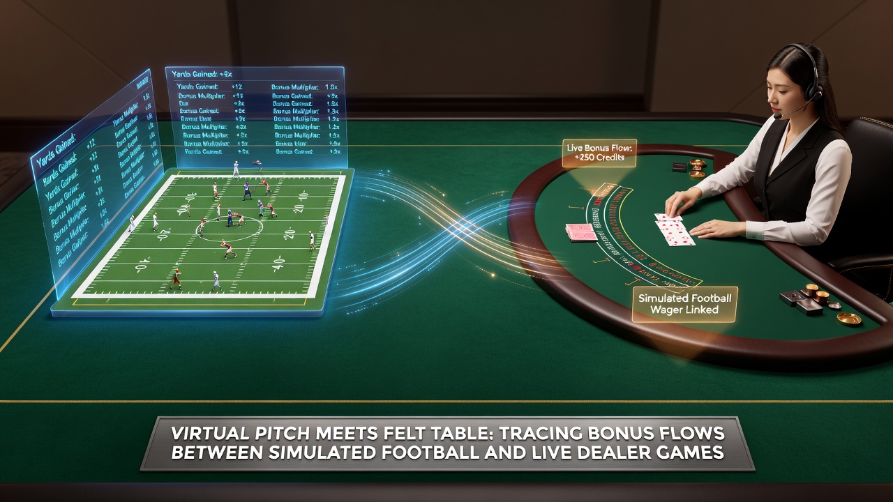 Flow diagram showing bonus movement from virtual football simulations to live dealer blackjack and roulette tables