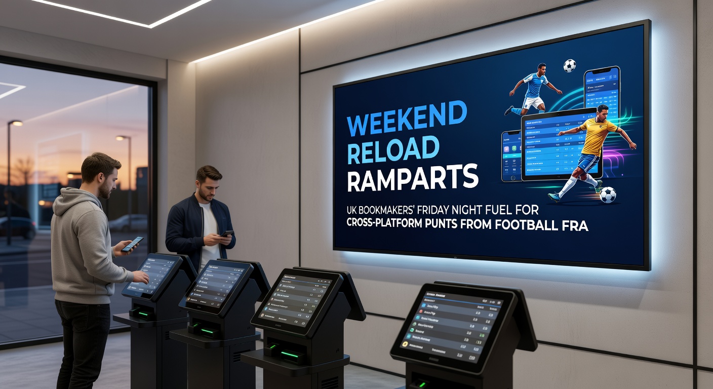 Dynamic split-screen of a smartphone displaying a Friday reload bonus claim, football betting slip on one side and poker tournament lobby on the other