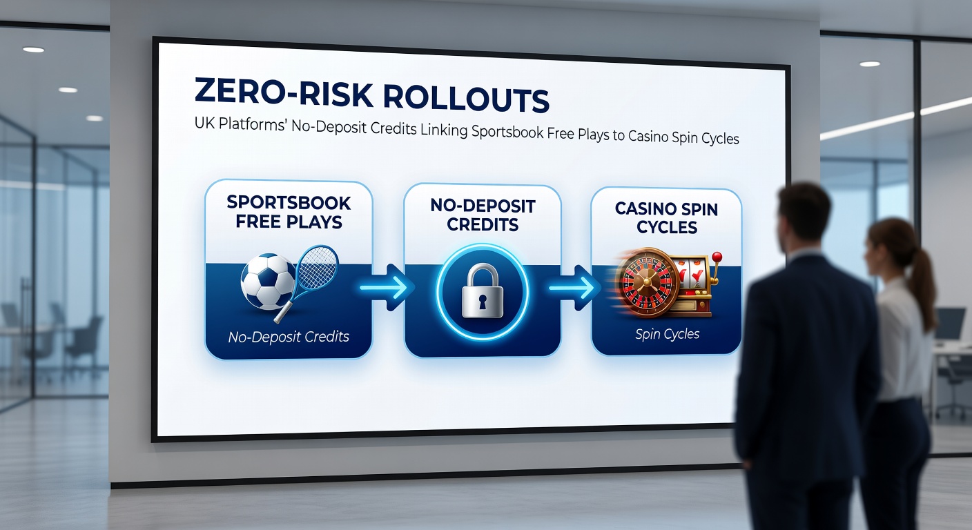 Infographic illustrating the flow from no-deposit sportsbook credits to casino spins on a UK platform, with icons for football bets and slot reels